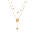 Collar de doble capa en acero inoxidable chapado en oro 18k con medalla y cruz - Collar de Doble Capa Cruz de la Virgen María / Dorado