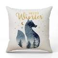 Housse de coussin en lin avec silhouette de renard bleu et motif HELLO Winter - Renard Bleu et Or-Hello Winter