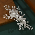 Silver bridal hair comb with crystal flowers and leaves on a dark wood surface - 10# Silver Hair Comb