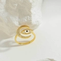 Golden crescent moon and evil eye open ring with zircon and enamel details - White Dripping Oil Moon Evil Eye