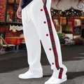 Detail of white men's trousers with red tartan side stripe and decorative buttons - S / White