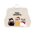 Mini Christmas coin purse with cute festive cats illustrations and metal clasp - Christmas Cat / Beige