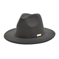 Detail of dark grey wool fedora hat with brown leather band and gold buckle - Dark Gray