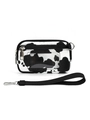 Detalle de monedero de muñeca con estampado de vaca y ranura para identificación - Bolsillo Frontal Transparente / Estampado de Vaca Negro Blanco