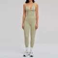 Slim-fit light green yoga set featuring a V-neck camisole top and high-waisted leggings - S / Moss Green