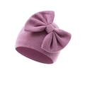 Close-up of baby knit hat in plum pink with a large decorative bow and soft texture - Ancient Purple (Bow Turban Hat)
