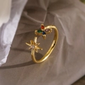 Adjustable 18K gold plated copper ring with colorful zircon flower and star motifs - Cross Flower Octagonal Star (13923)