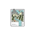 Polaroid style enamel pin featuring a landscape with mountains, river and bonfire - Polaroid Landscape Badge (XZ3268)