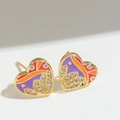 Golden heart stud earrings with colorful enamel and sparkling crystals on white surface - Purple