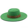 Detail of green wool felt fedora featuring a brown leather strap with silver rivets - M / Grass Green