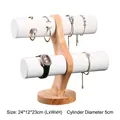 Two-tier solid wood jewelry display stand with white leather rolls for bracelets - White PU Leather