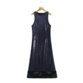 Mouwloze marineblauwe paillettenjurk voor dames met een zoom van imitatiebont decor - S / Donkerblauw