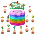 Mexican fiesta cake toppers featuring sombrero, guitar, and pinata on rainbow desserts - Carnival Cake Topper 2-Piece Set