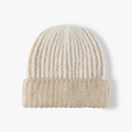 Women's color block knit beanie in cream and khaki with soft fuzzy ribbed texture - One Size / Knitted Jacquard Style (24B106) / Khaki