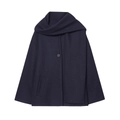 Detail of dark blue wool coat featuring a unique scarf collar and single button closure - XS / Navy Blue