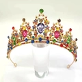Golden crown headpiece with purple pear-shaped crystal and colorful rhinestones - Rainbow