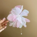 Pink and white fabric flower hair clip with golden U-shaped pin and pearl pendant - Hair Stick / Pink