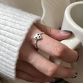 S925 silver heart ring with black star details and beaded band shown on finger - J5193 Silver Heart Star Beaded Ring