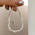 Detail of S925 sterling silver tag on irregular pearl bracelet with silver square chain - Artificial Pearl Square Patchwork (SL1030)