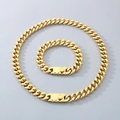 Conjunto de collar y pulsera de cadena cubana dorada con cierre de hebilla cuadrada - Estilo A (Cierre de botón redondo) / Ancho 9mm/Pulsera 21cm / Dorado