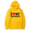 Yellow unisex hoodie with black I Love My Girlfriend print and front pocket design - S / Tops / Yellow