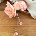 Close-up of pink fabric flowers hair clip with elegant pearl tassel details for women. - Pink Orange Artificial Flower Pearl Tassel Hair Clip (71#) / Pink