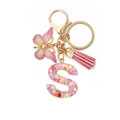 Letter S keychain with pink butterfly, colorful heart sequins and silk tassel accessory - S