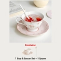 Service à café rose en céramique avec motifs de lapin fleuri et cuillère assortie - 1 Tasse & 1 Soucoupe & 1 Cuillère
