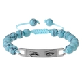 Close-up of blue beaded bracelet with custom eye pattern on silver stainless steel plate - Turquoise Bracelet - Silver Metal Plate