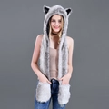 Three-in-one gray and white faux fur hood scarf and gloves combo with animal ears - Off-White