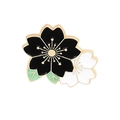 Cute cherry blossom enamel pin in black and white finish with gold edges and green leaves - Black & White Double Sakura
