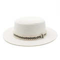Canotier blanc en paille avec ruban à damier noir et blanc et bords effilochés - M (56-58cm) / Blanc