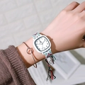 Detail of square quartz watch with white dial and colorful woven fabric tassel strap - Black Pink