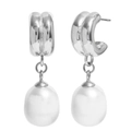 Silver stainless steel earrings with large white oval pearls on white background - Minimalist Pearl Stud Earrings-Steel Color / Steel
