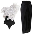 Elegant white one-shoulder ruffle bodysuit with black high waist asymmetric slit skirt - S / Set