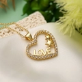 18K gold plated heart pendant necklace with LOVE engraving and star zircon accents - Gold with White Zirconia
