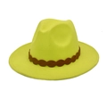 Detailed top view of a lime green wool fedora hat with a brown braided leather band - M (56-58cm) / Neon Yellow
