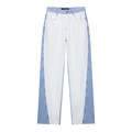 Women's high waist wide leg jeans with blue and white patchwork design and straight cut - XS / Jeans