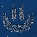 Silver bridal hair vine and long pearl earrings set with sparkling crystals - Silver Artificial Pearl Crystal Hair Accessory Earring Set (HS-J6823S)