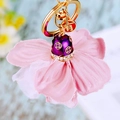 Pink fabric flower keychain with purple metal cap and gold ring for women's bags - Violet Clover Flower