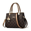 Large dark brown floral patterned leather tote bag with gold handles on white background - Dark Maple & Bronze