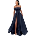 Detailed view of dark blue satin off-shoulder evening gown with high waist slit design - US size 14 / Top And Bottom / Navy Blue