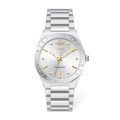Elegant silver quartz watch with gold markers and saturn logo on a white background - Silver