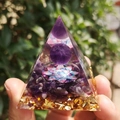 Handmade pyramid resin ornament with amethyst stones, flower of life, and gold leaf foil - QK07 Purple Lotus / 6cm