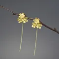 Handcrafted S925 sterling silver long drop earrings with gold floral design and matte finish - 925 Silver / Gold