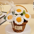 Handmade crochet white daisy flower basket with pearls and lace bow desktop ornament - 7 White Daisies Basket