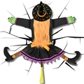 Decorazione strega di Halloween con capelli arancioni e cappello nero con stelle gialle - Strega dai capelli arancioni con cappello a stelle e lune