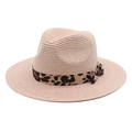 Detail of breathable beige straw fedora featuring a stylish leopard print ribbon and bow - M (56-58cm) / Pink