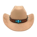 Beige western cowboy hat with brown leather band and turquoise stone embellishment - One Size / Camel