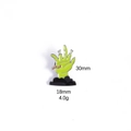 Detail of 30mm zombie hand enamel pin in neon green with size and weight specs - Green Zombie Hand